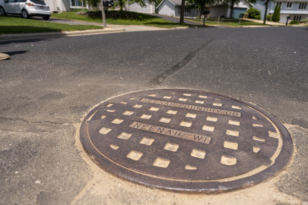 Neenah Foundry Manhole Cover on suburban street