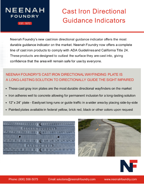 Neenah Foundry cast iron directional guidance indicators brochure showing ADA‑compliant wayfinding plates and installation examples.