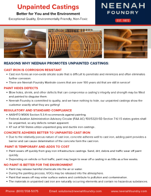Neenah Foundry Unpainted Castings brochure highlighting benefits of unpainted cast iron, corrosion resistance, regulatory compliance, and environmental advantages.